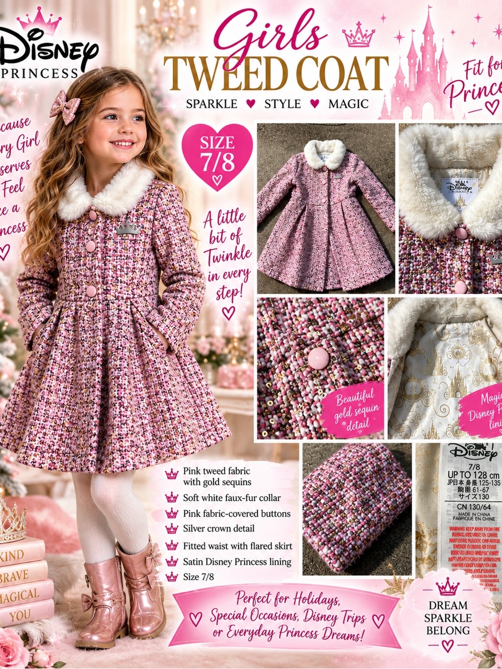 Disney  Princess  tweed/ Fur Collar Coat